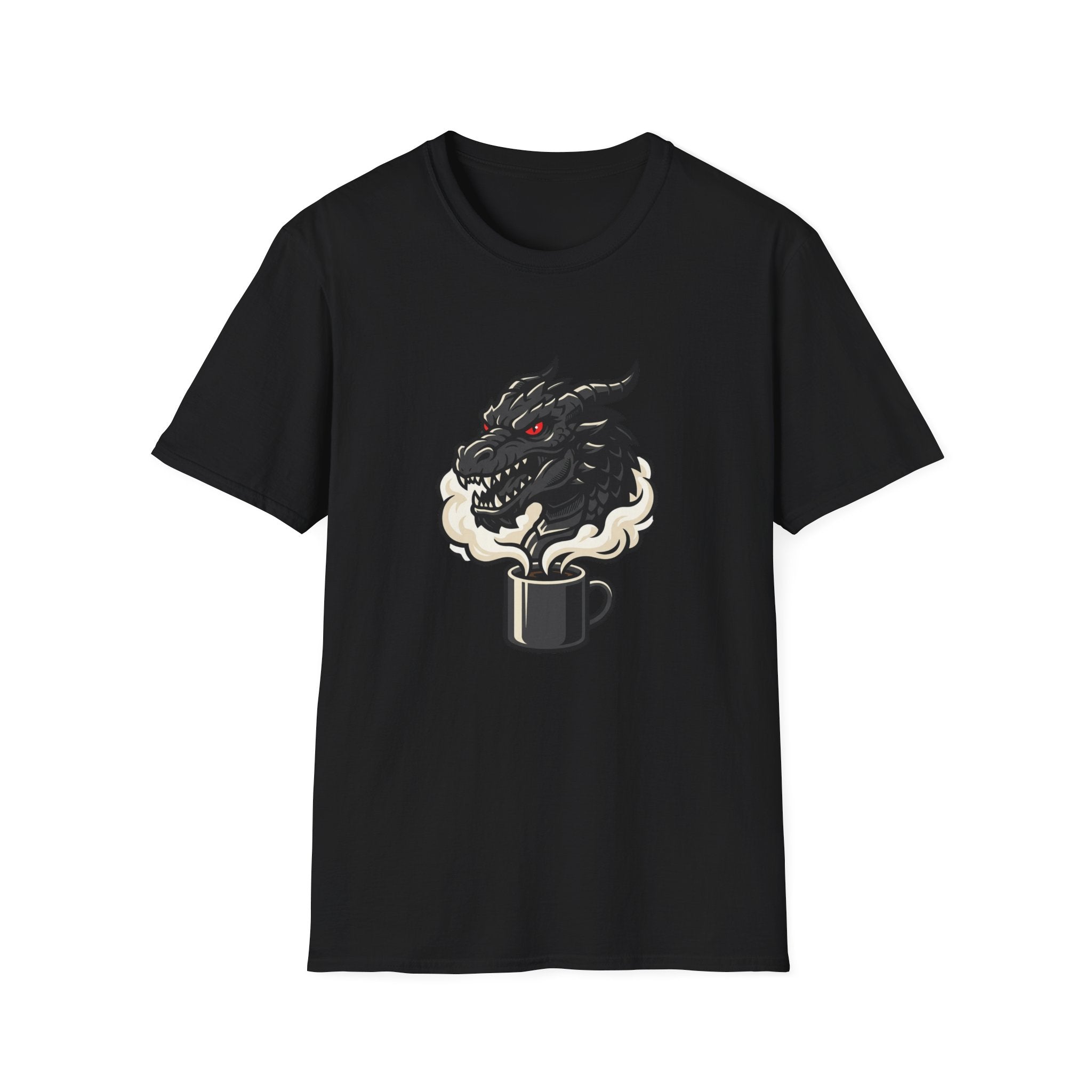 Black Dragon Coffee T-Shirt — Dragon Head Rising From Coffee Mug, "Black Dragon Coffee: Fuel The Adventure"